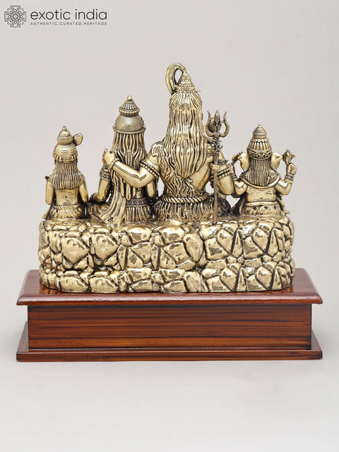 9" Superfine Shiva Family in Blessing Gesture on Wood Base | Brass Statue