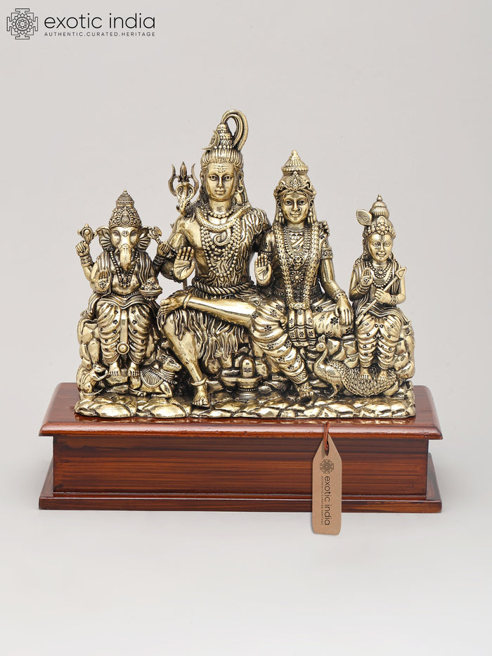9" Shiva Family Blessing Gesture Brass Statue on Wood Base