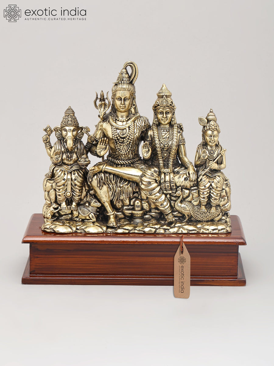9" Shiva Family Blessing Gesture Brass Statue on Wood Base