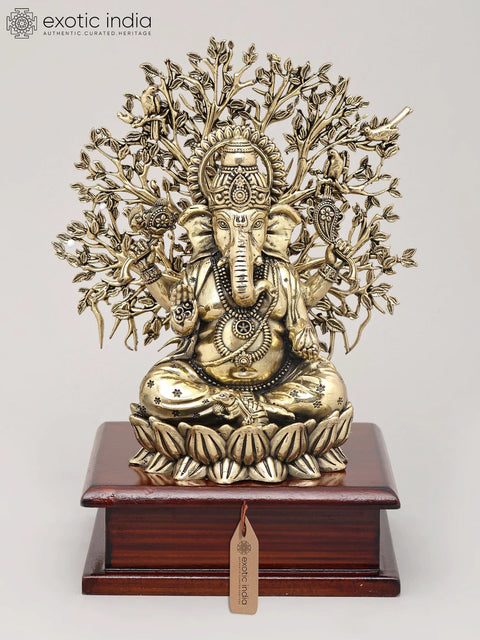 8" Superfine Lord Ganesha Seated Beneath The Sacred Tree with Wood Base | Brass Statue