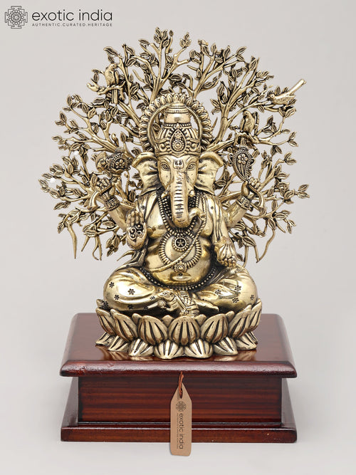 8" Handmade Lord Ganesha Brass Statue with Sacred Tree and Wood Base