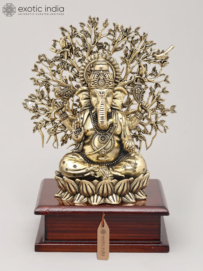 8" Handmade Lord Ganesha Brass Statue with Sacred Tree and Wood Base