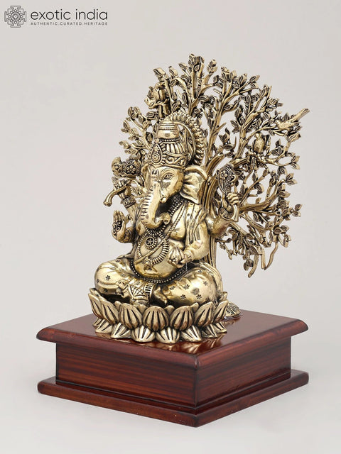 8" Superfine Lord Ganesha Seated Beneath The Sacred Tree with Wood Base | Brass Statue