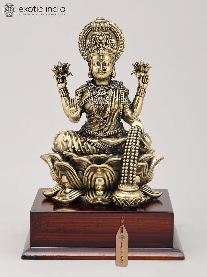 7" Superfine Goddess Lakshmi - Deity of Wealth Seated on Lotus with Wood Base | Brass Idol