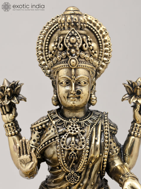 7" Superfine Goddess Lakshmi - Deity of Wealth Seated on Lotus with Wood Base | Brass Idol