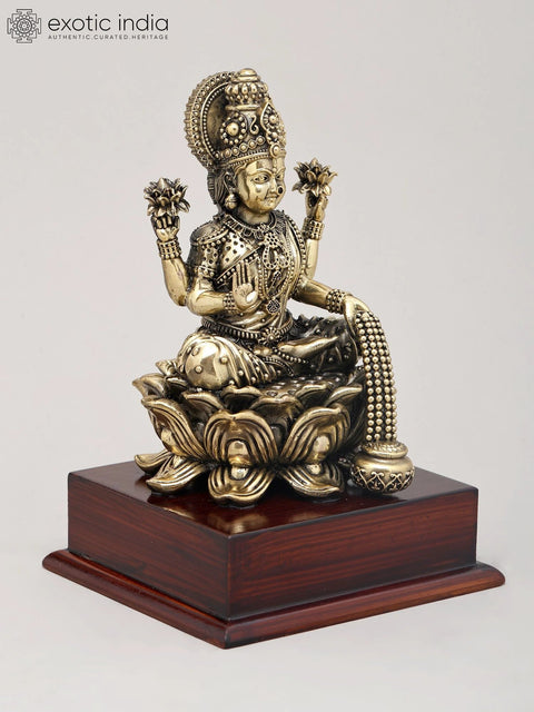 7" Superfine Goddess Lakshmi - Deity of Wealth Seated on Lotus with Wood Base | Brass Idol