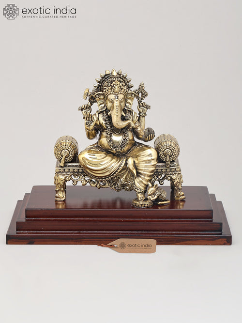 9" Handmade Brass Lord Ganapati Seated on Asana Statue