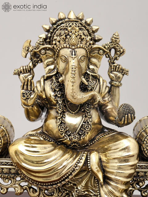 9" Superfine Lord Ganapati Seated on Asana with Wood Base | Brass Statue