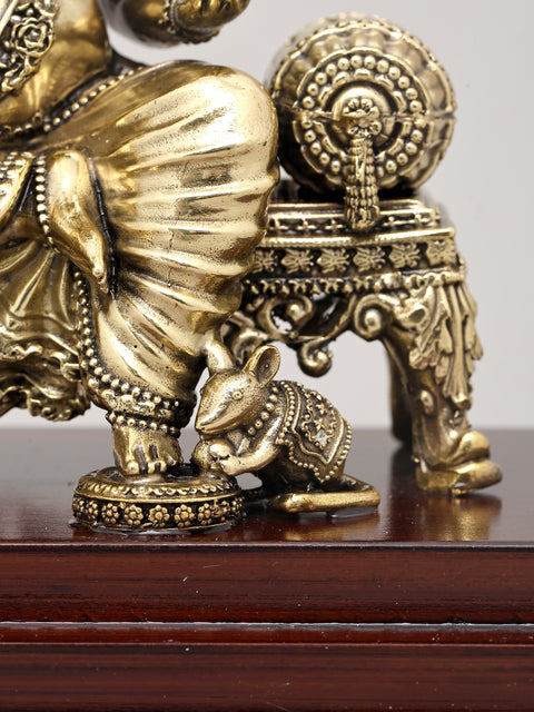 9" Superfine Lord Ganapati Seated on Asana with Wood Base | Brass Statue