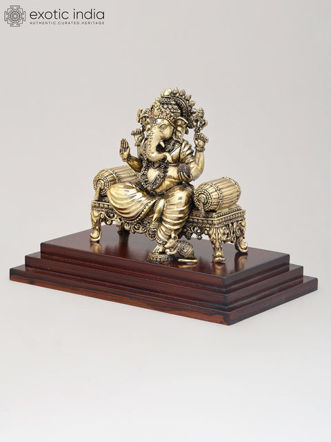 9" Superfine Lord Ganapati Seated on Asana with Wood Base | Brass Statue