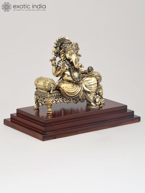 9" Superfine Lord Ganapati Seated on Asana with Wood Base | Brass Statue
