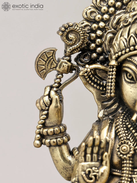 9" Superfine Lord Ganesha in Blessing Posture Seated on Wood Base | Brass Idol