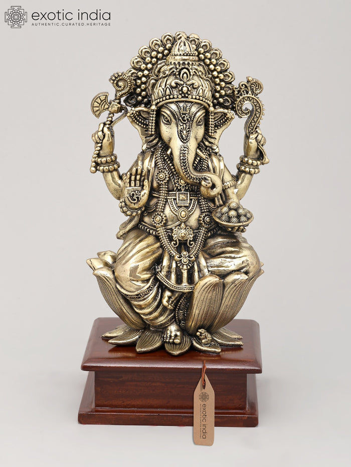 9" Superfine Lord Ganesha Brass Idol Blessing Posture Wood Base