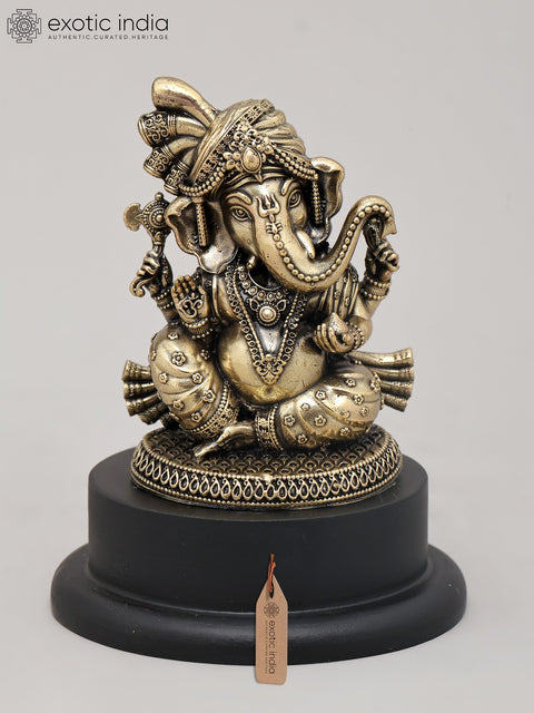4" Small Superfine Lord Ganesha in Regal Attire and Turban Seated on Wood Base | Brass Statue