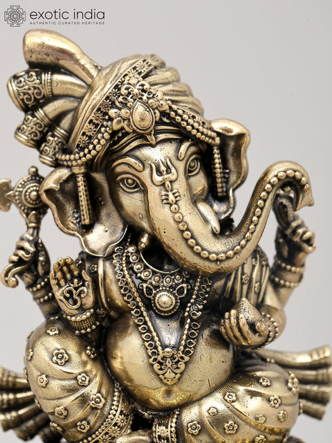 4" Small Superfine Lord Ganesha in Regal Attire and Turban Seated on Wood Base | Brass Statue