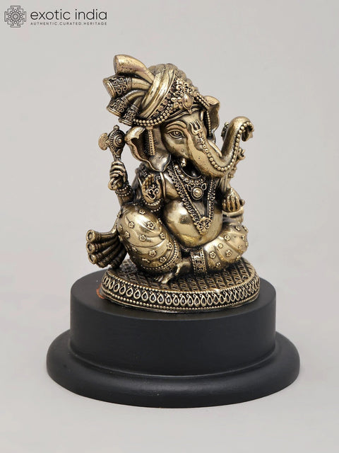 4" Small Superfine Lord Ganesha in Regal Attire and Turban Seated on Wood Base | Brass Statue