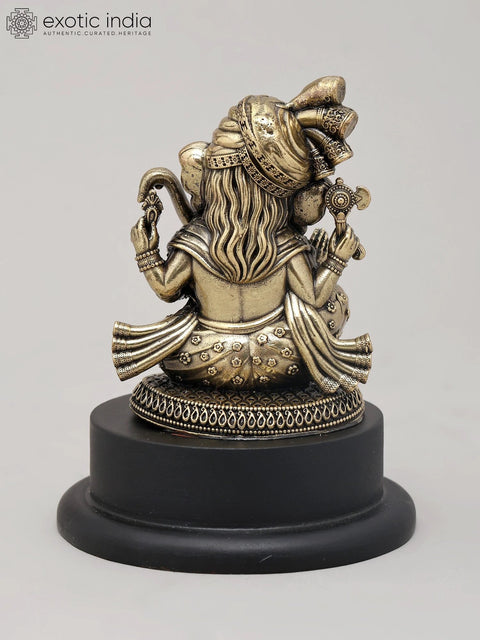 4" Small Superfine Lord Ganesha in Regal Attire and Turban Seated on Wood Base | Brass Statue