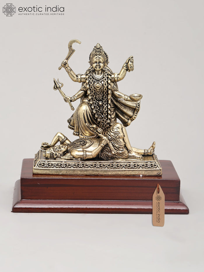 4" Small Superfine Idol of The Majestic Form of Goddess Kali with Wood Base | Brass Sculpture