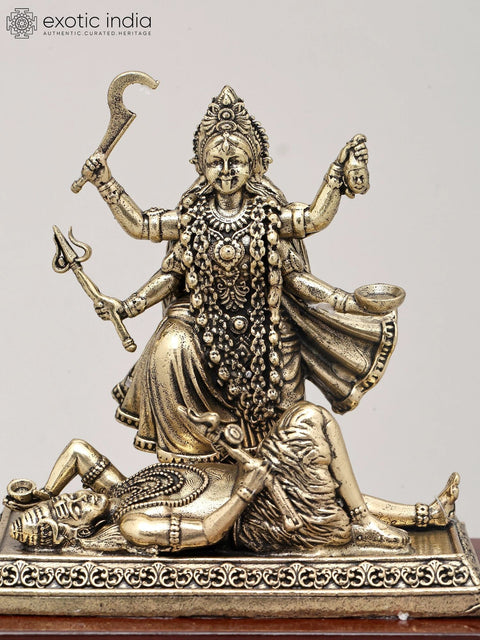 4" Small Superfine Idol of The Majestic Form of Goddess Kali with Wood Base | Brass Sculpture