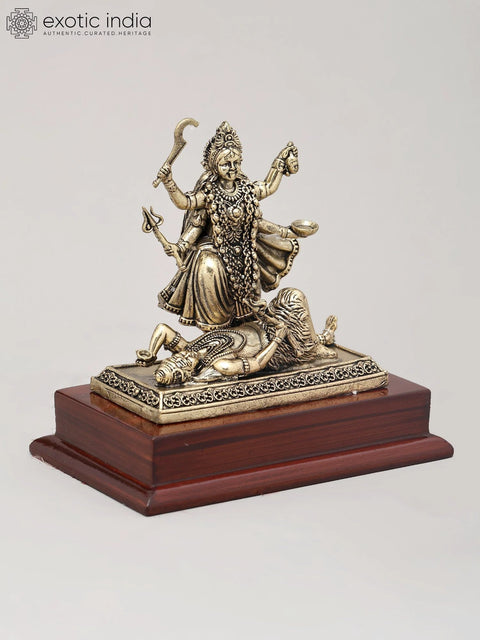 4" Small Superfine Idol of The Majestic Form of Goddess Kali with Wood Base | Brass Sculpture