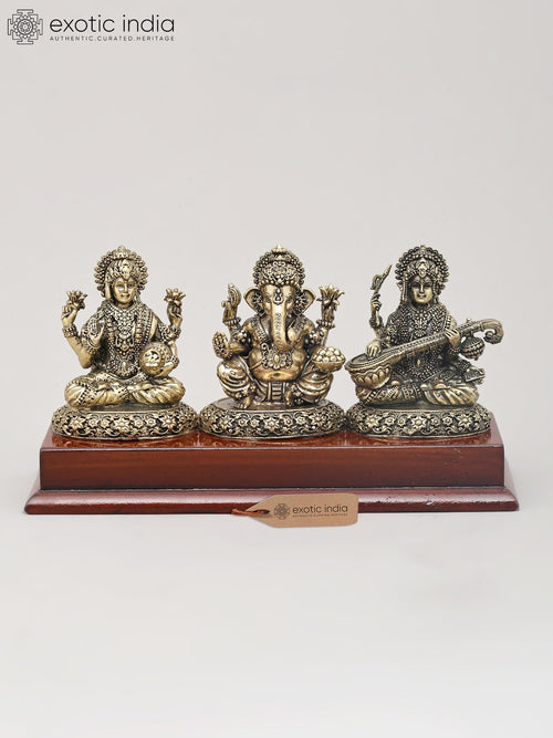 7" Superfine Brass Lakshmi Ganesha Saraswati Idol with Wood Base