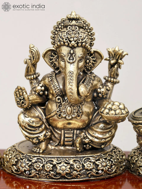 7" Superfine Trio of Goddess Lakshmi, Lord Ganesha and Goddess Saraswati with Wood Base | Brass Idol