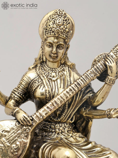 5" Small Superfine Four Armed Goddess Saraswati Playing Veena with Wood Base | Brass Statue