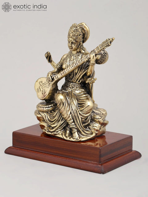 5" Small Superfine Four Armed Goddess Saraswati Playing Veena with Wood Base | Brass Statue