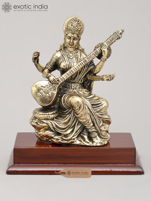 5" Brass Saraswati Statue with Veena and Wood Base Handmade