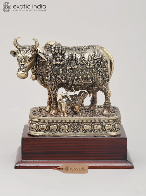 Small Superfine Kamdhenu Cow and Calf Brass Statue with Engraved Deities