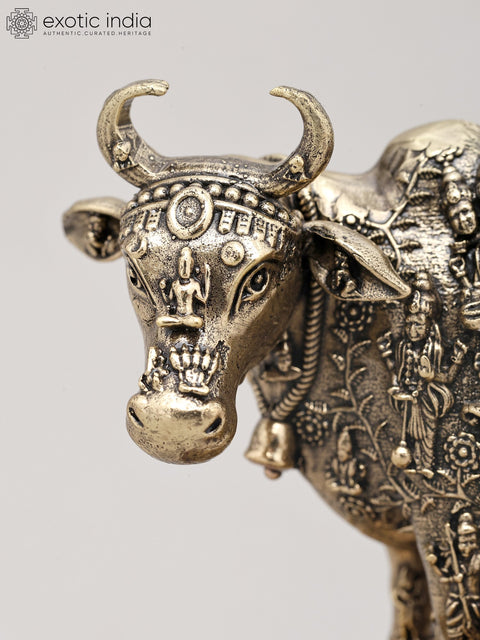 Small Superfine Kamdhenu Cow and Calf with Engraved Many God and Goddess on Wood Base | Brass Figurine