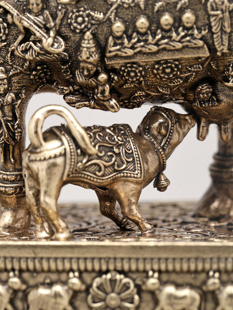 Small Superfine Kamdhenu Cow and Calf with Engraved Many God and Goddess on Wood Base | Brass Figurine