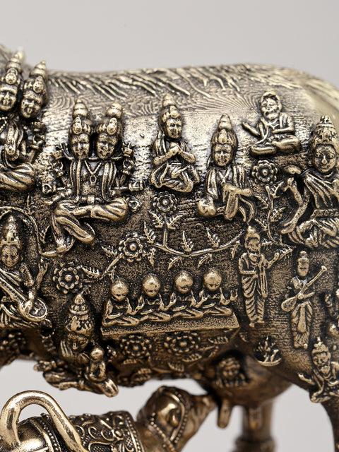 Small Superfine Kamdhenu Cow and Calf with Engraved Many God and Goddess on Wood Base | Brass Figurine