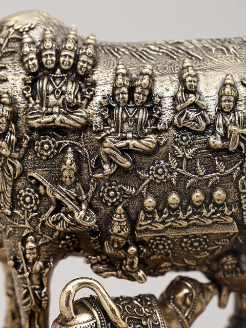Small Superfine Kamdhenu Cow and Calf with Engraved Many God and Goddess on Wood Base | Brass Figurine