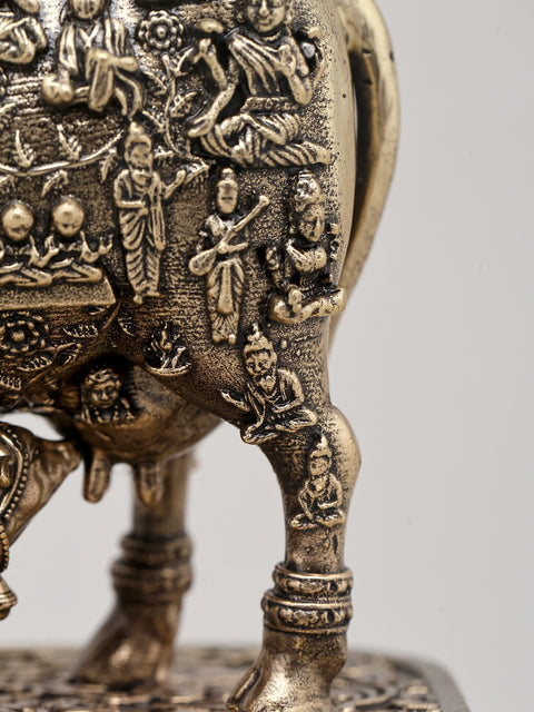 Small Superfine Kamdhenu Cow and Calf with Engraved Many God and Goddess on Wood Base | Brass Figurine