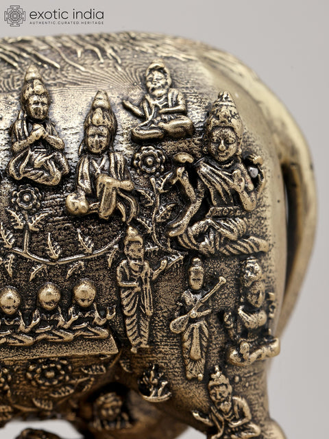Small Superfine Kamdhenu Cow and Calf with Engraved Many God and Goddess on Wood Base | Brass Figurine