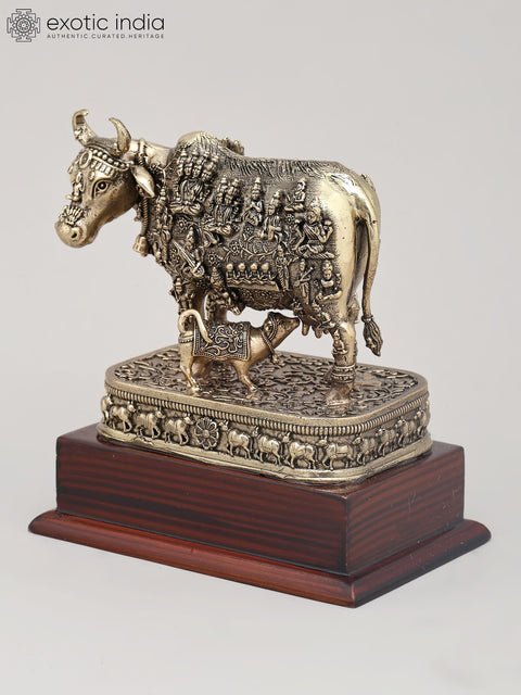 Small Superfine Kamdhenu Cow and Calf with Engraved Many God and Goddess on Wood Base | Brass Figurine