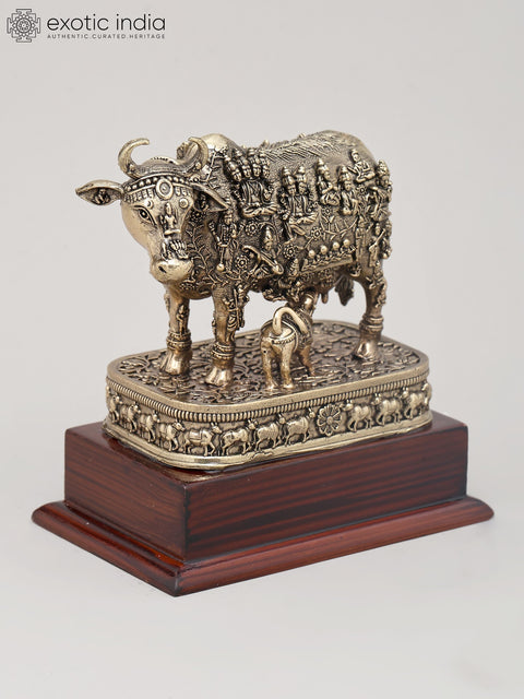 Small Superfine Kamdhenu Cow and Calf with Engraved Many God and Goddess on Wood Base | Brass Figurine