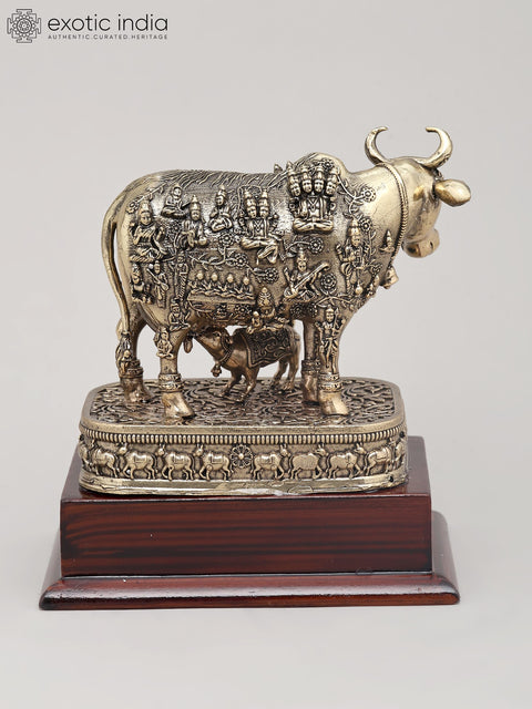 Small Superfine Kamdhenu Cow and Calf with Engraved Many God and Goddess on Wood Base | Brass Figurine