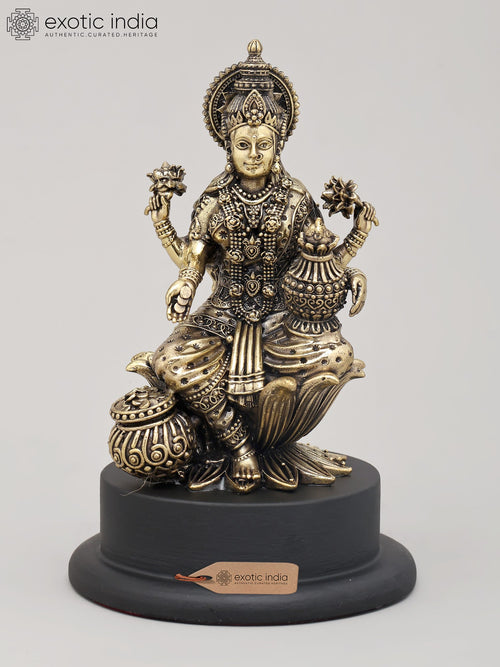5" Brass Goddess Dhanalakshmi Wealth Statue Handmade Wood Base