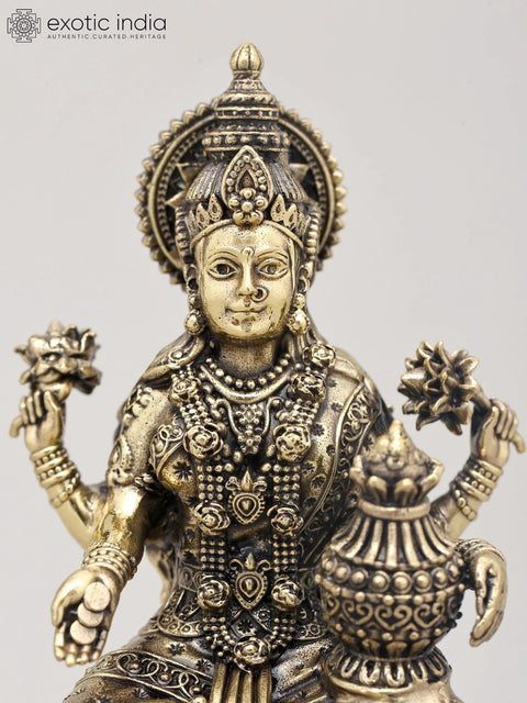 5" Small Superfine Goddess Dhanalakshmi Seated with Wealth Pot on Wood Base | Brass Sculpture