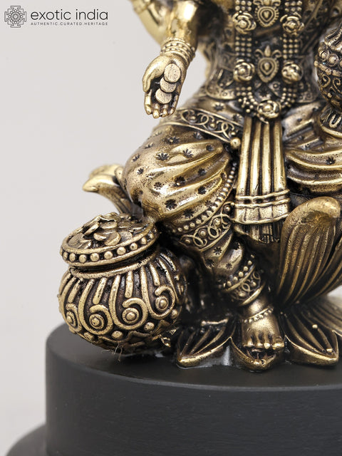 5" Small Superfine Goddess Dhanalakshmi Seated with Wealth Pot on Wood Base | Brass Sculpture