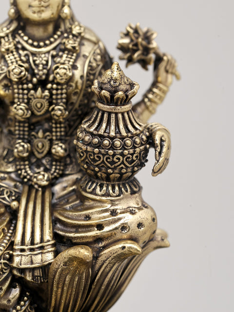 5" Small Superfine Goddess Dhanalakshmi Seated with Wealth Pot on Wood Base | Brass Sculpture