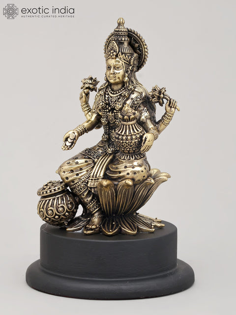 5" Small Superfine Goddess Dhanalakshmi Seated with Wealth Pot on Wood Base | Brass Sculpture