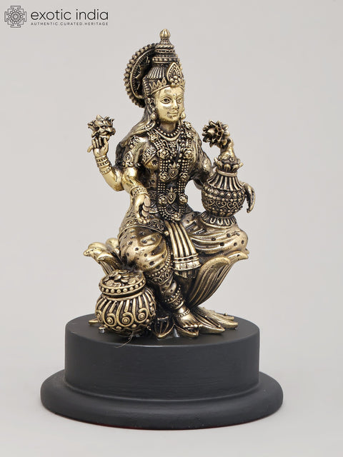 5" Small Superfine Goddess Dhanalakshmi Seated with Wealth Pot on Wood Base | Brass Sculpture