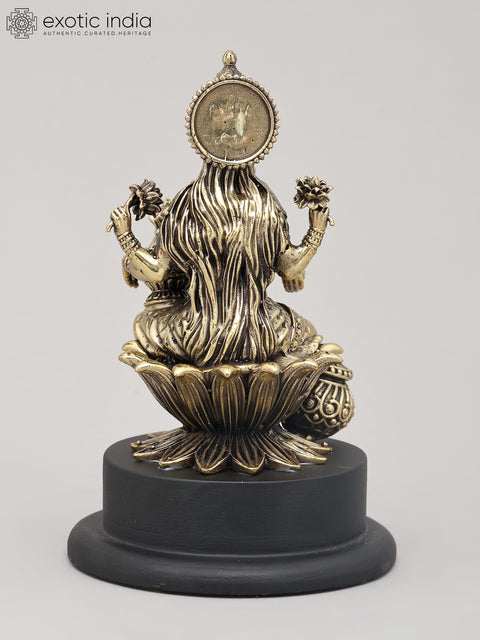 5" Small Superfine Goddess Dhanalakshmi Seated with Wealth Pot on Wood Base | Brass Sculpture