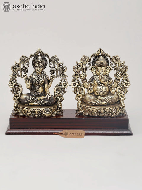 7" Superfine Goddess Lakshmi and Lord Ganesha Seated on Wood Base with Flower Arch | Brass Statue