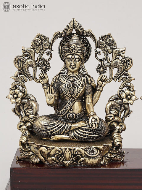 7" Superfine Goddess Lakshmi and Lord Ganesha Seated on Wood Base with Flower Arch | Brass Statue