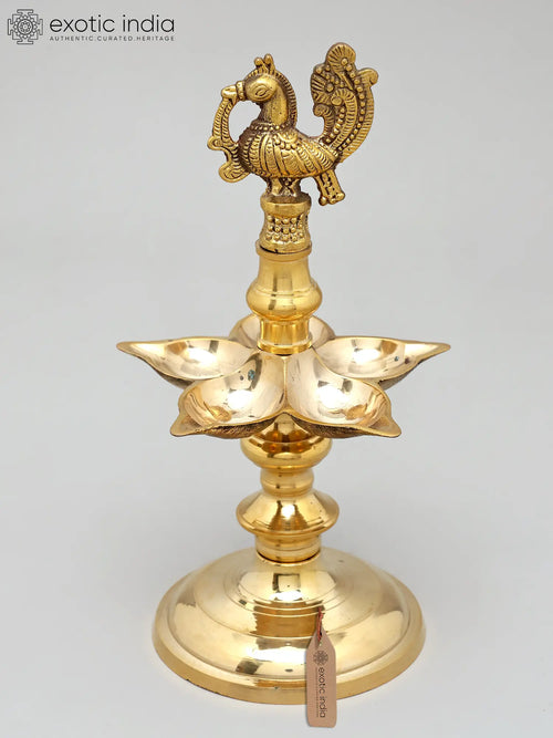 11" Handmade Peacock Five Wicks Brass Oil Lamp