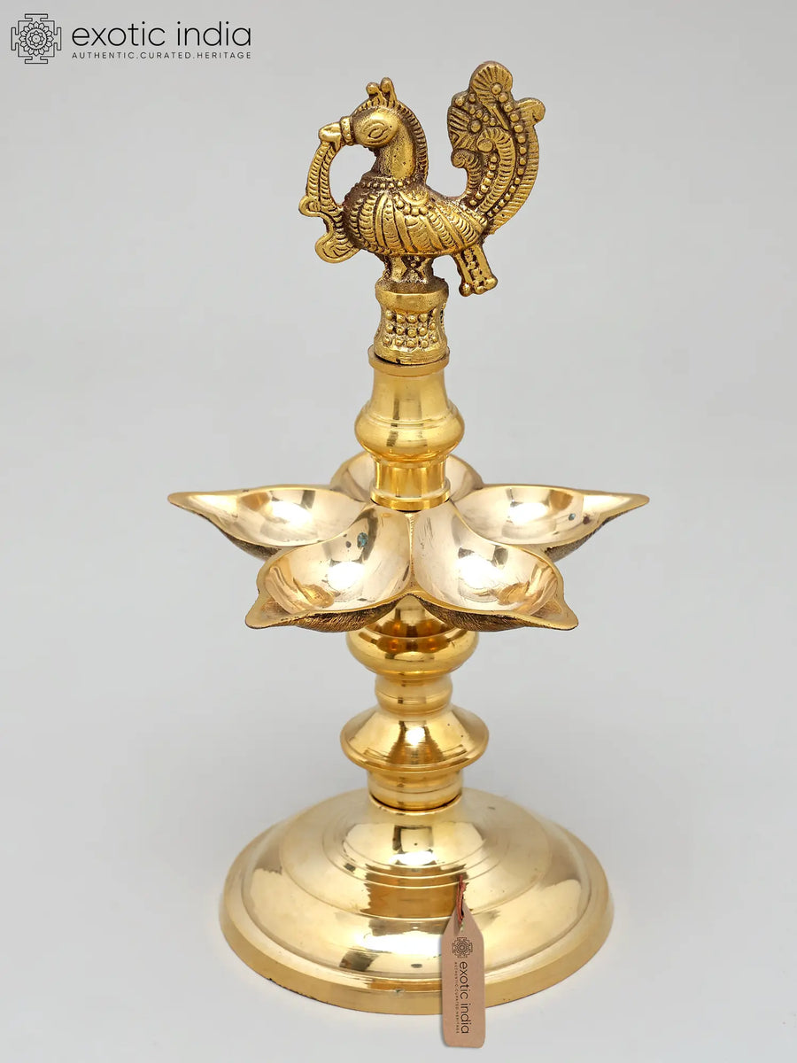11" Handmade Peacock Five Wicks Brass Oil Lamp